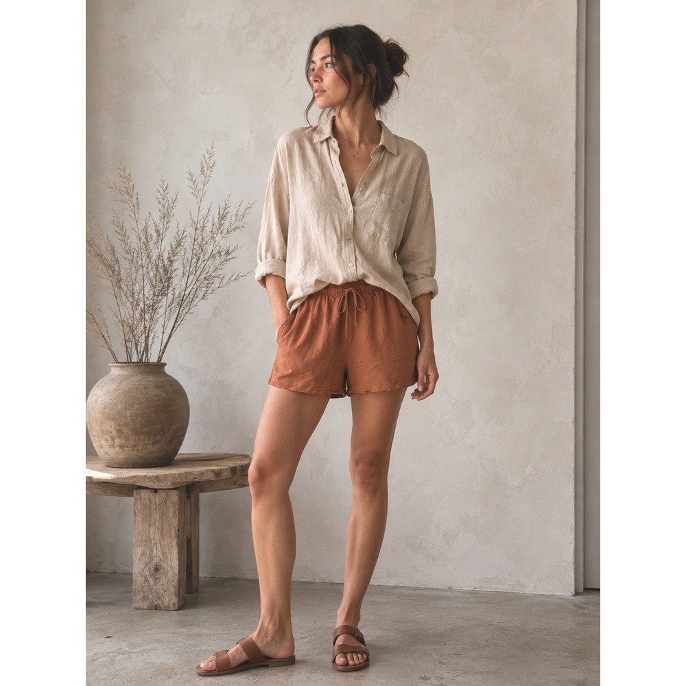 H&M Linen Blend Drawstring Pull On Shorts Medium Rust Brown Casual Lounge Pocket